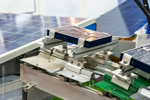 Sample solar cell panels or photovoltaic module installation on  aluminum mounting device of  metal sheet roof system