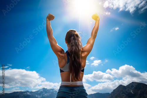 Vista trasera de una mujer deportista en la cima de una montaña con los brazos alzados a un nuevo día de éxito y superación.Concepto de crecimiento personal y desarrollo.