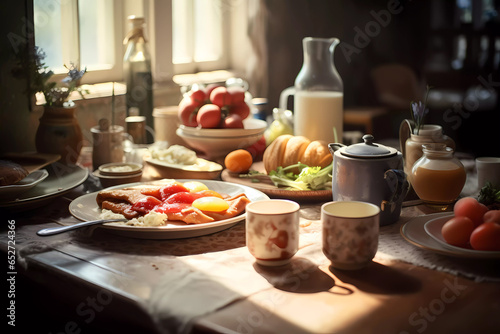 Morning Delight: Sumptuous Breakfast Spread on Kitchen Table