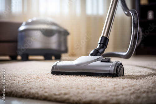 photo of a freshly vacuumed carpet with vacuum lines, highlighting the cleanliness and tidiness of well-maintained flooring photo