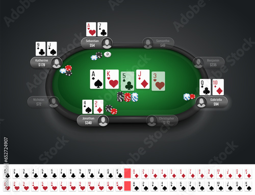 Poker table with players, cards and chips. Poker room. Texas hold'em online game. Vector illustration.