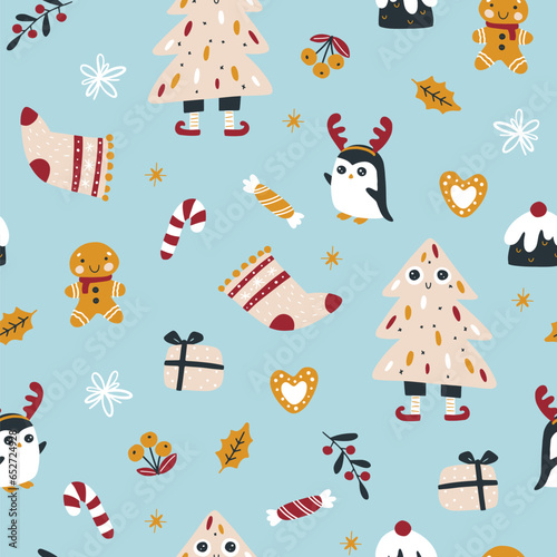 Christmas sweets and penguin with deer horns, funny Christmas tree vector seamless pattern. Gingerbread man, pudding and candies. Hand-drawn childish doodle illustration in simple Scandinavian style.