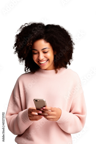 woman of color with curly hair looking at her smartphone with transparent background