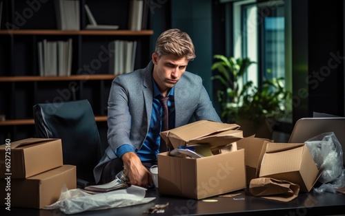 Corporate businessman packing his belongings and leaving the office he has lost his job. Generative AI