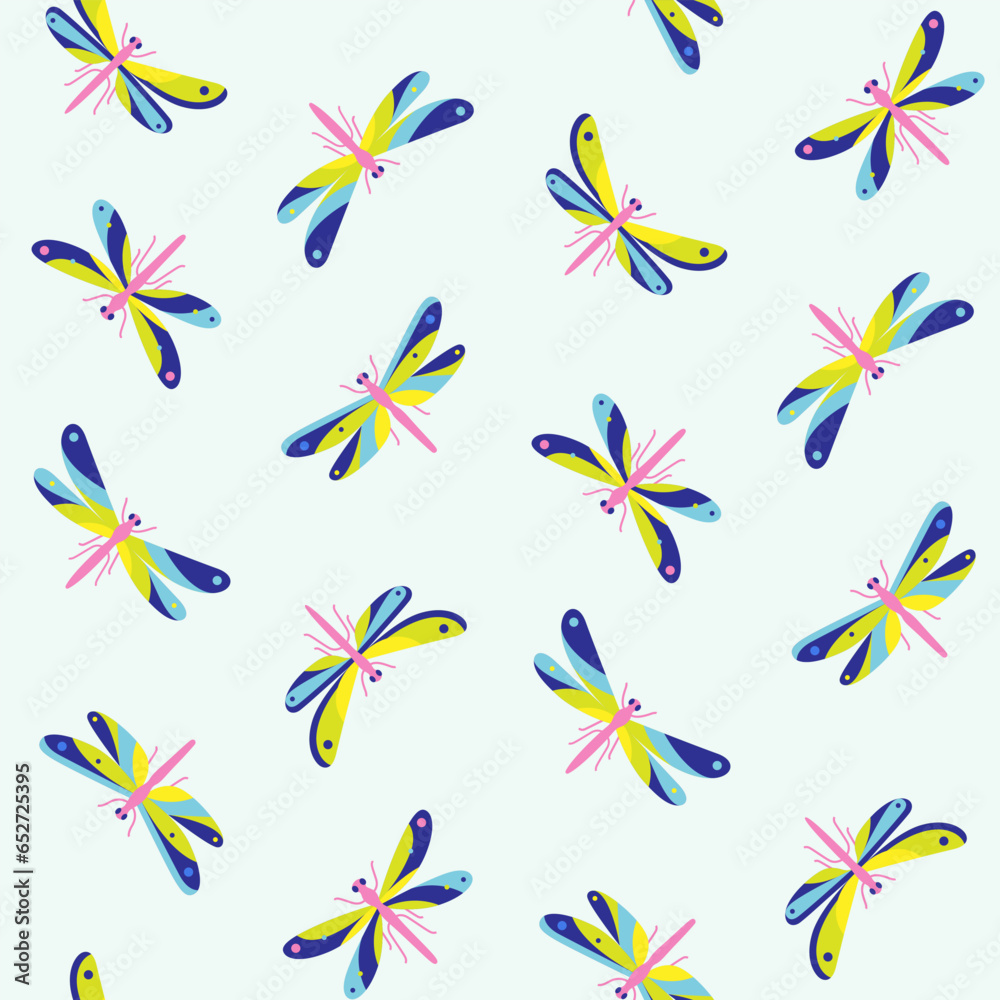Seamless trendy pattern with dragonfly. Cartoon vector illustration for prints, clothing, packaging and postcards.