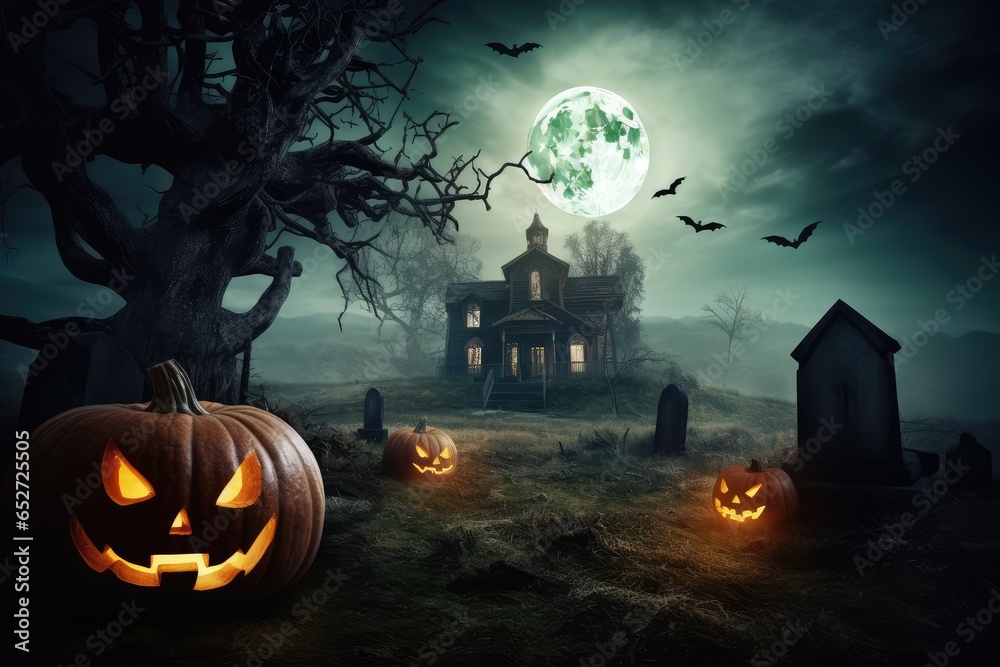 Fototapeta premium Halloween pumpkins near old abandoned house with bats. Generative AI