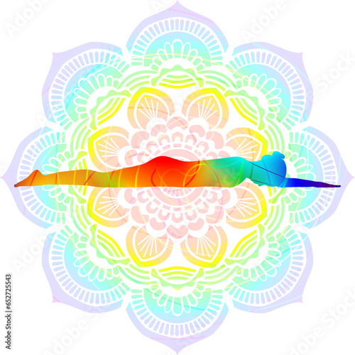 Colorful silhouette yoga posture. Reverse Corpse pose. Advasana. Prone and Neutral. Isolated vector illustration. Mandala background.