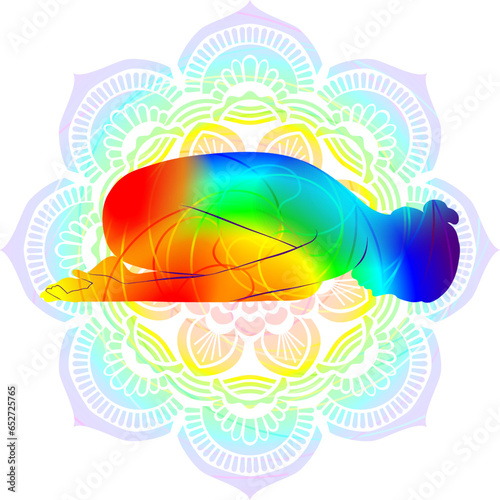 Colorful silhouette yoga posture. Child pose. Balasana. Prone and Forward Bend. Isolated vector illustration. Mandala background.