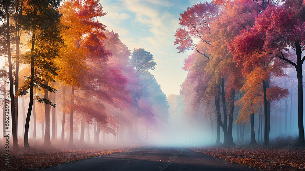 a row of colorful trees in a fantastic landscape of the forest rainbow spectrum autumn in a fairy tale