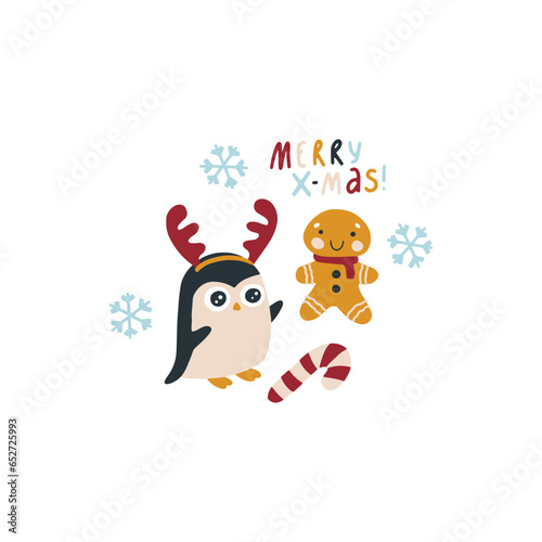 Christmas fun print with sweets and penguin with deer horns and lettering. Hand-drawn childish doodle illustration in simple Scandinavian style. Vector isolate on white background.