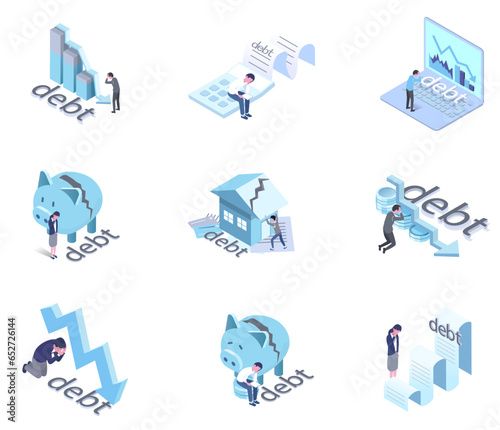 vector isometric illustration set of debt and bankruptcy,people depress for debt	
