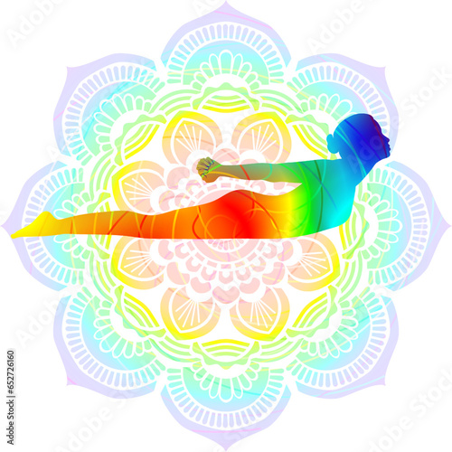 Colorful silhouette yoga posture. Snake pose. Sarpasana. Prone and Backbend. Isolated vector illustration. Mandala background.