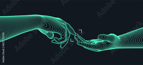 Hands reaching towards each other. Concept of human relation, togetherness or  partnership. 3D vector illustration. Can be used for advertising, marketing or presentation.