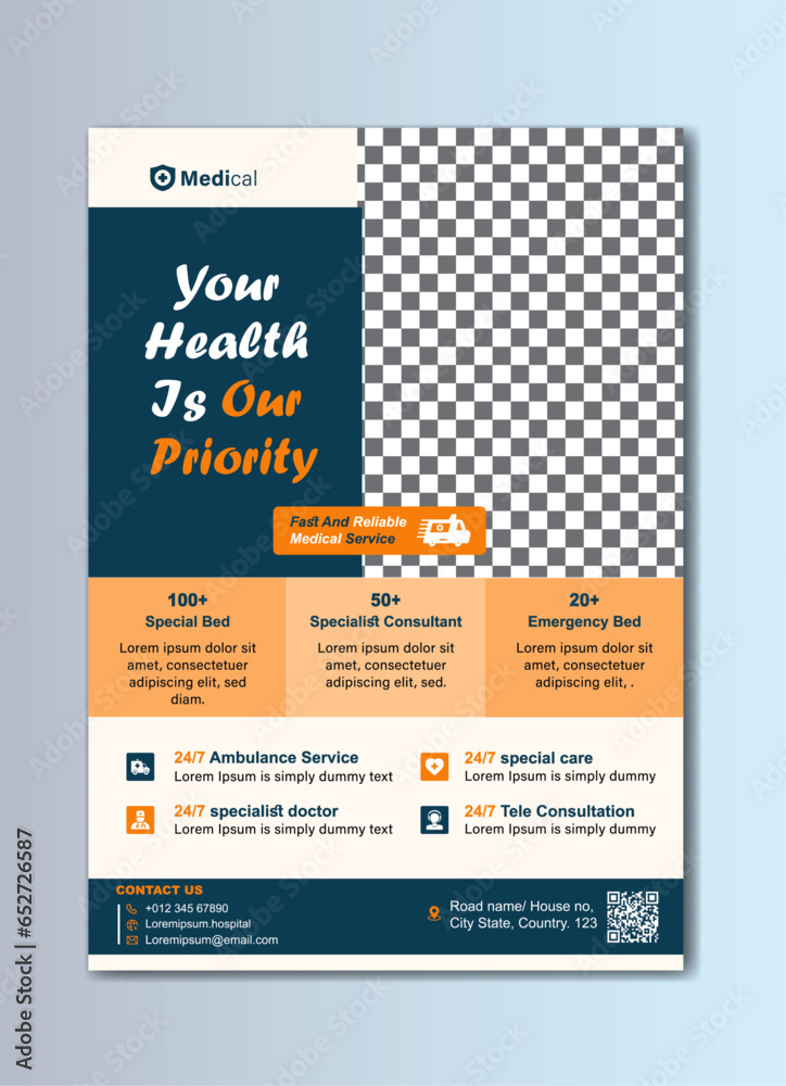 Naklejka premium Modern Medical Flyer Template Design, Healthcare Business A4 Size Template, print-ready medical template