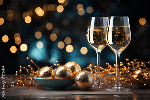 Champagne glasses , Christmas party. Holidays concept