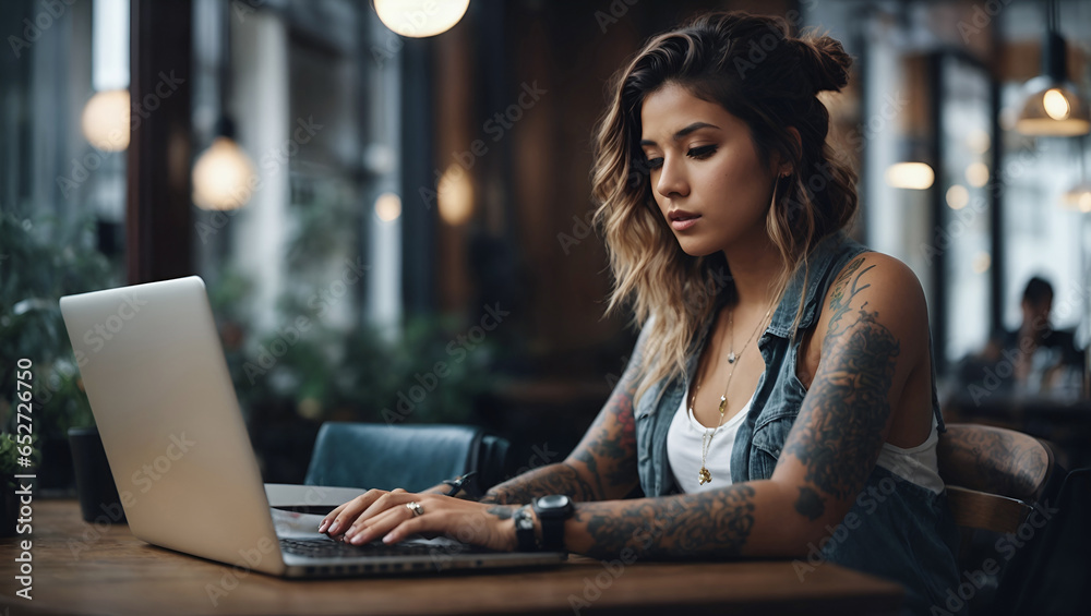 Young woman working on laptop in cafe. smiling and look at camera. Girl with tattoo, designer freelancer or student work on computer laptop at table - obrazy, fototapety, plakaty 