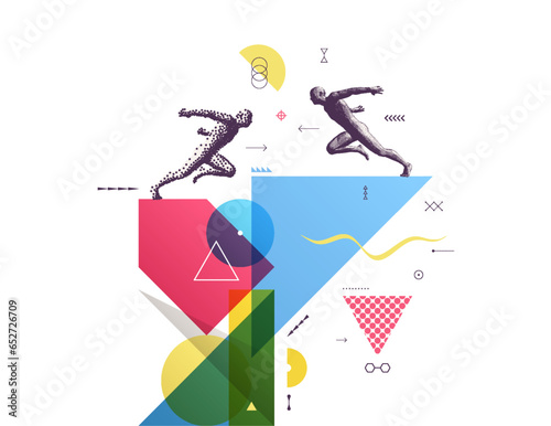 Art composition. Running man or marathon runner. 3D human body model. Design for sport. Transparency geometrical background. Cover design template for presentation, poster, cover or brochure.