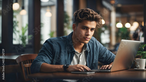 Young man working on laptop, boy freelancer or student with computer in cafe at table looking in camera.