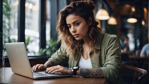 Young woman working on laptop in cafe. smiling and look at camera. Girl with tattoo, designer freelancer or student work on computer laptop at table