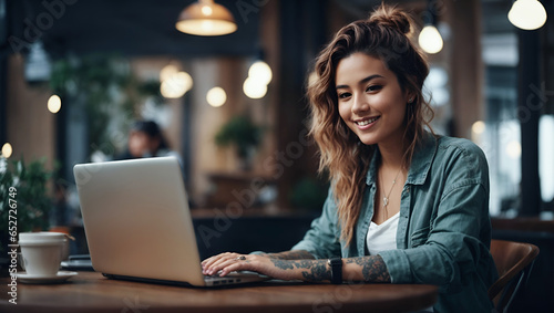 Young woman working on laptop in cafe. smiling and look at camera. Girl with tattoo, designer freelancer or student work on computer laptop at table photo