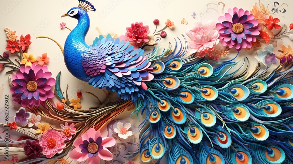 Obraz premium feather on the wall. luxury leather base combines bright colorful peacock floral with 3D. Generative in ai