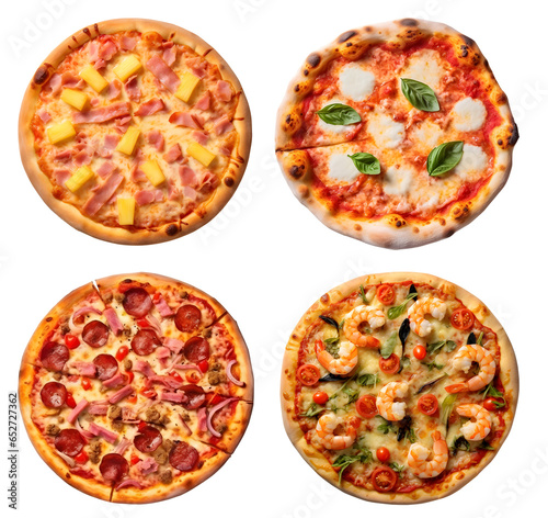 Pizza, Hawaiian, meatlover, margherita, seafood on transparent background cutout, PNG file. Many assorted different flavour. Mockup template for artwork design