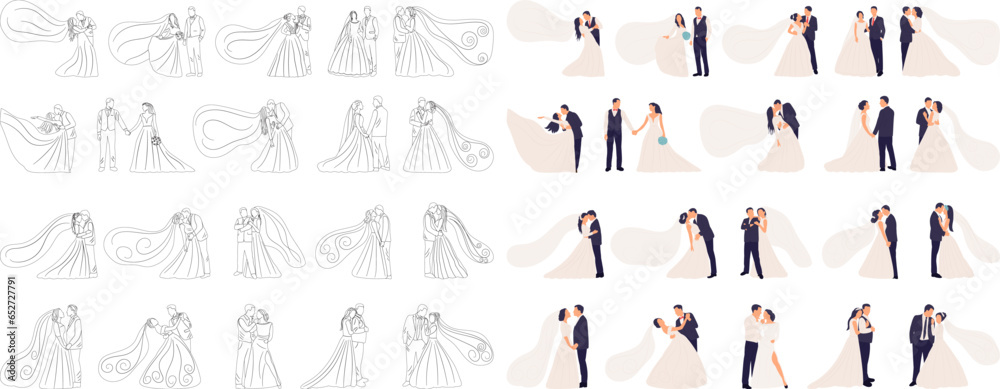 set of sketches of the bride and groom on a white background, vector