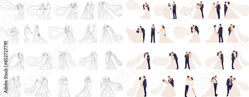 set of sketches of the bride and groom on a white background, vector