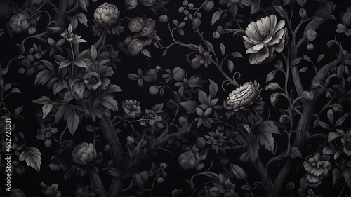 black flowers ornament on dark background gothic style