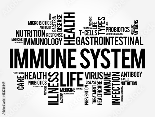 Immune System - complex network of organs that defends the body against infection, word cloud concept background