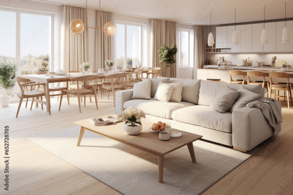 Fototapeta premium Modern and stylish Scandinavian living room with dining room with large windows that provide warmth. Living room with furniture and decoration. 
