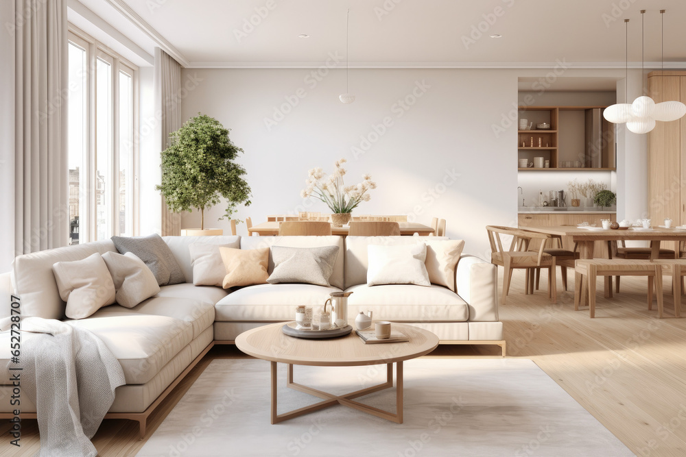 Modern and stylish Scandinavian living room with dining room with large windows that provide warmth. Living room with furniture and decoration. Modern and stylish Scandinavian living room with dining room with large windows that provide warmth. Living room with furniture and decoration.