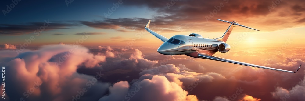 Luxury private jet flying above the clouds, beautiful sunset on background. Travel and airplane concept. Generative AI - obrazy, fototapety, plakaty 