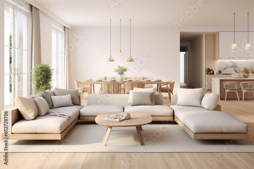 Modern and stylish Scandinavian living room with dining room with large windows that provide warmth. Living room with furniture and decoration.  © Victor