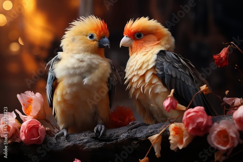 Pair of lovebirds sharing an intimate mid air moment, Generative AI