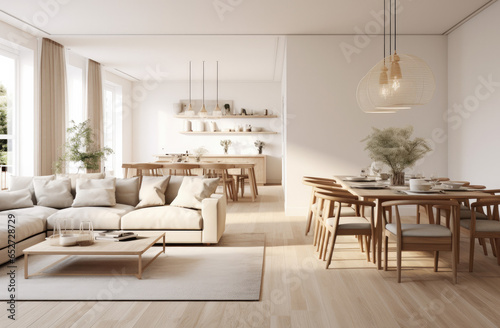 Modern and stylish Scandinavian living room with dining room with large windows that provide warmth. Living room with furniture and decoration. 