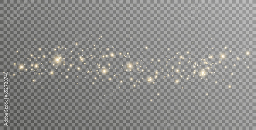 Gold glitter particle background. Golden light dust banner. Flying glowing confetti. Christmas luxury border. Holiday magic stardust. Explosion bright stars. Neon garland lamp. Vector illustration