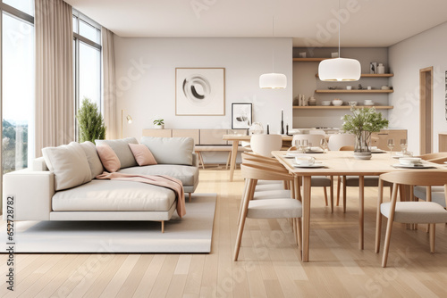 Modern and stylish Scandinavian living room with dining room with large windows that provide warmth. Living room with furniture and decoration. 