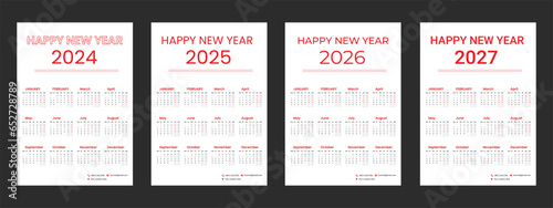 Wall Calendar 2024, 2025, 2026, 2027 Template Design, 2024 year running calender design, 2025, 2026, 2027, Minimallist Calender, clean, fresh, minimal Template Design
