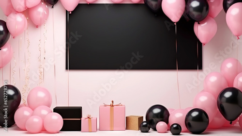 Girlish invitation mock-up with pink  gold and white gifts and balloons. Party concept. Generative AI