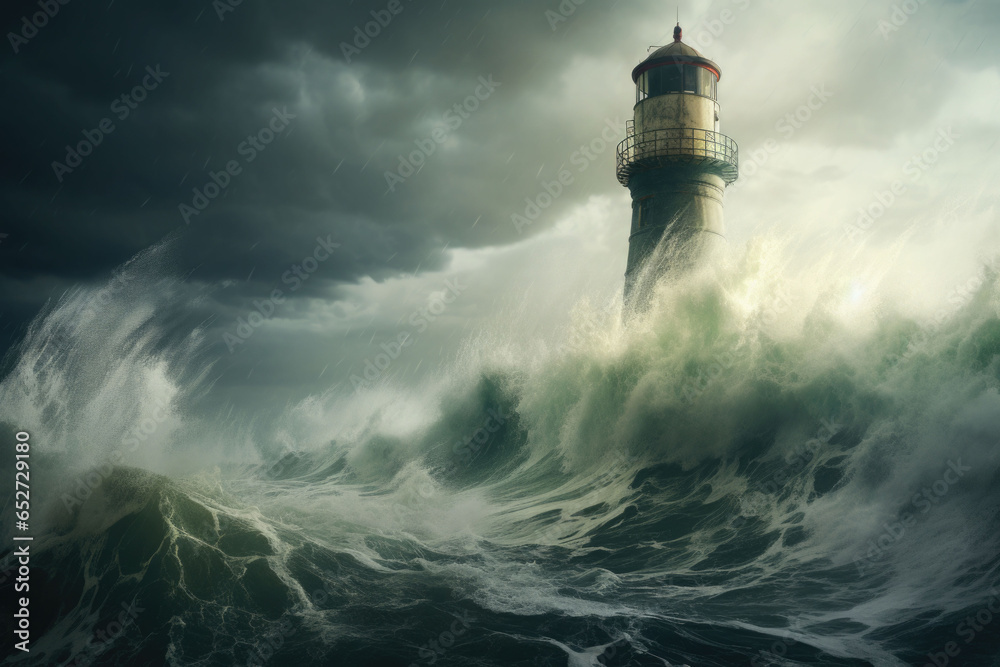 A lighthouse standing against a raging storm. Lighthouse in stormy landscape. Generative AI