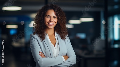 Beautiful manager in blurred office background with copy space.