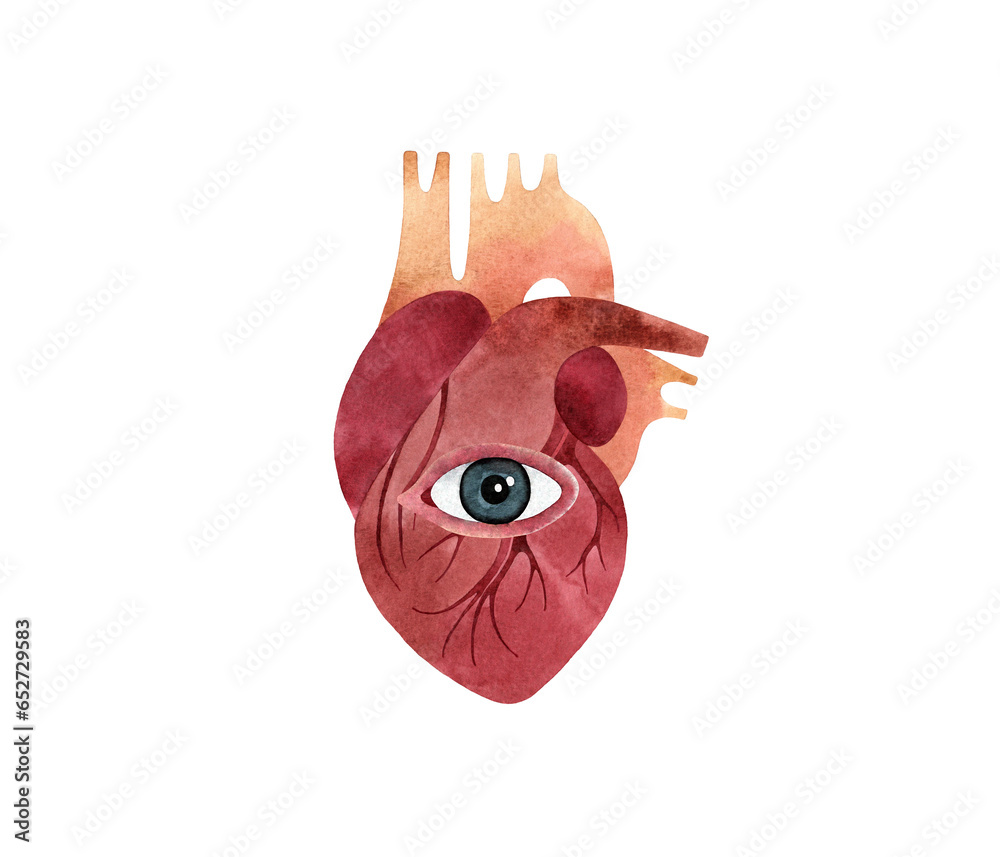 Watercolor illustration of a magic human heart with all seeing eye ...