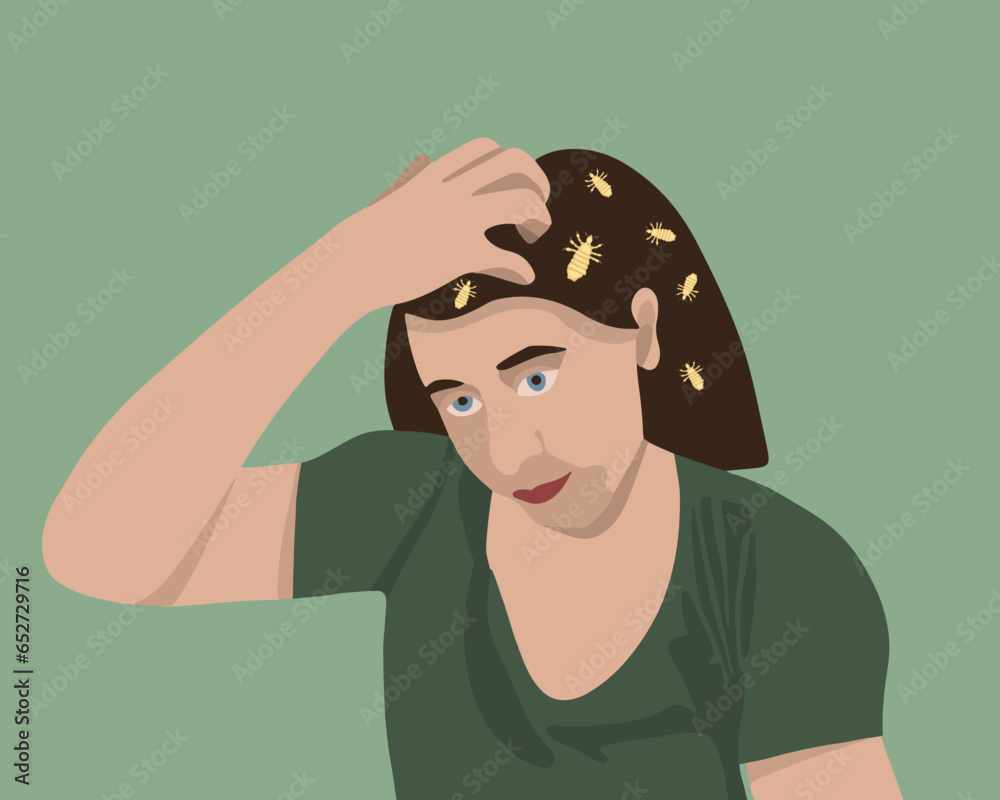 Vector isolated illustration of girl scratching from lice bite. The problem of pediculosis. - obrazy, fototapety, plakaty 