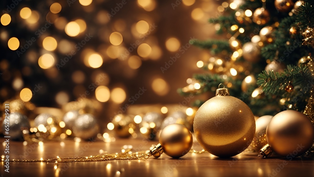 Christmas Tree With gold Baubles close-up against backdrop of golden sparkling Christmas lights. Wide format banner. Background with atmosphere of celebration and magic.