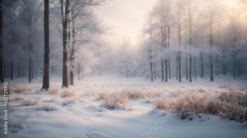 Blurry image of a winter forest, small snowdrifts and light snowfall - a beautiful winter-themed background wide format. © New generate