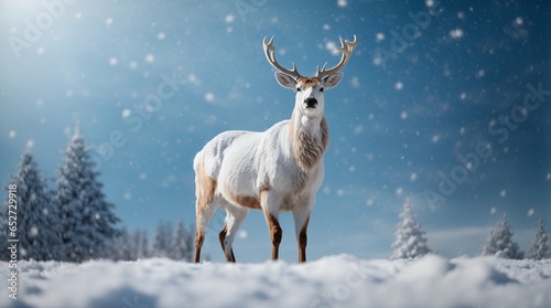 Christmas background with white decorative deer in snow on blue sky background in snowfall. Banner format, copy space.