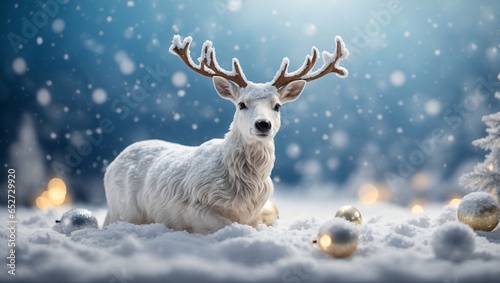 Christmas background with white decorative deer in snow on blue sky background in snowfall. Banner format  copy space.