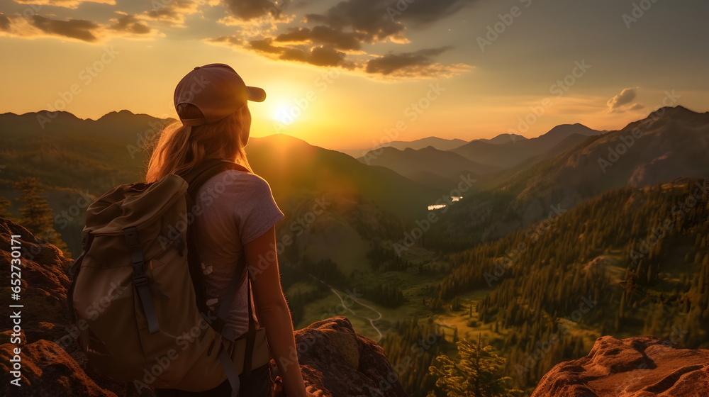Mountain Serenity: Embracing the Alpine Sunset, hiker girl admire the beautiful sunset in the mountains, generative ai 