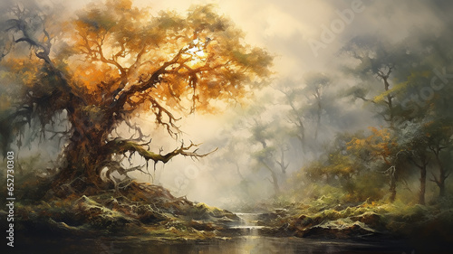 vintage oil painting sunset lonely tree nature landscape. © kichigin19
